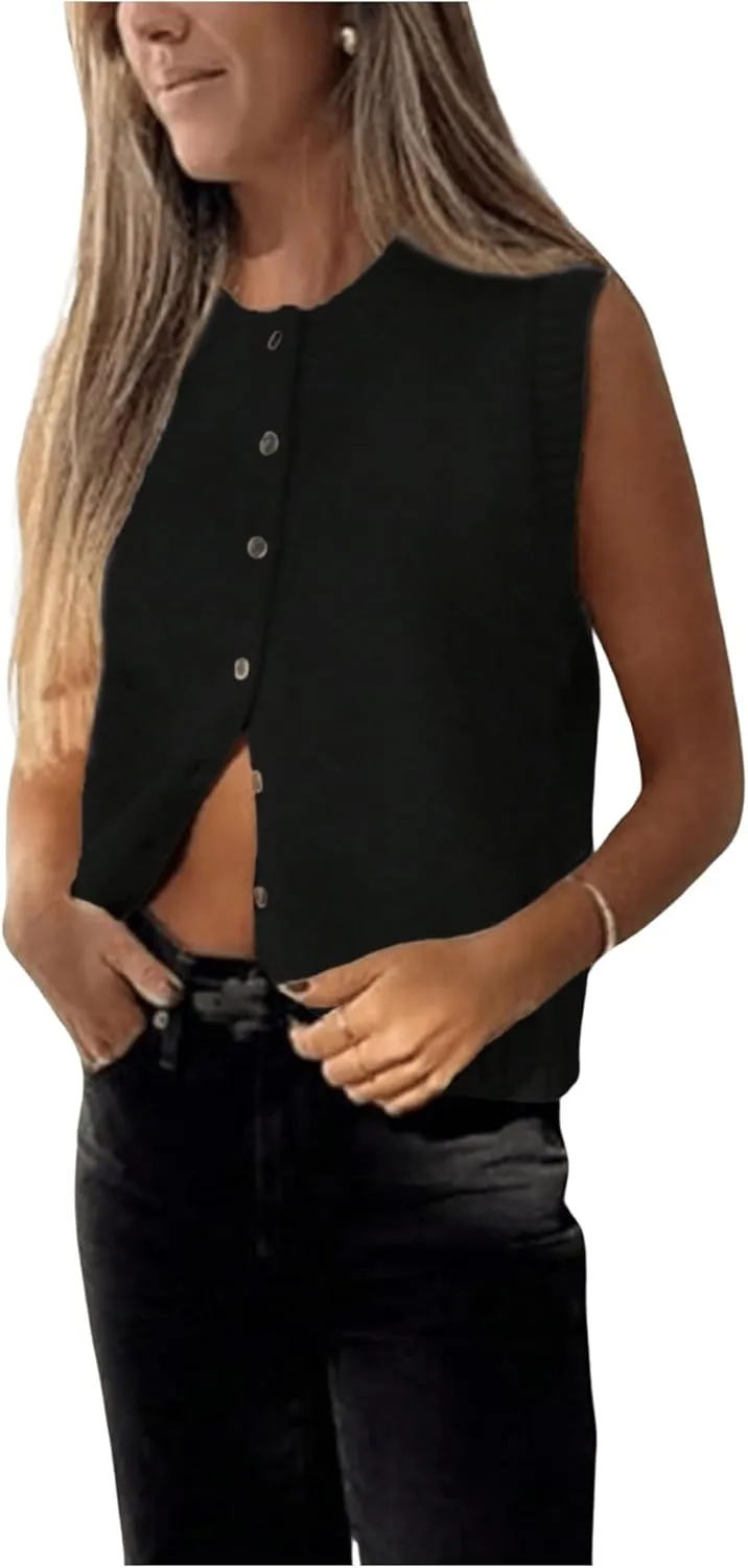 Milumia Women's Round Neck Button Up Sweater Vet Sleeveless Basic Knit Tops