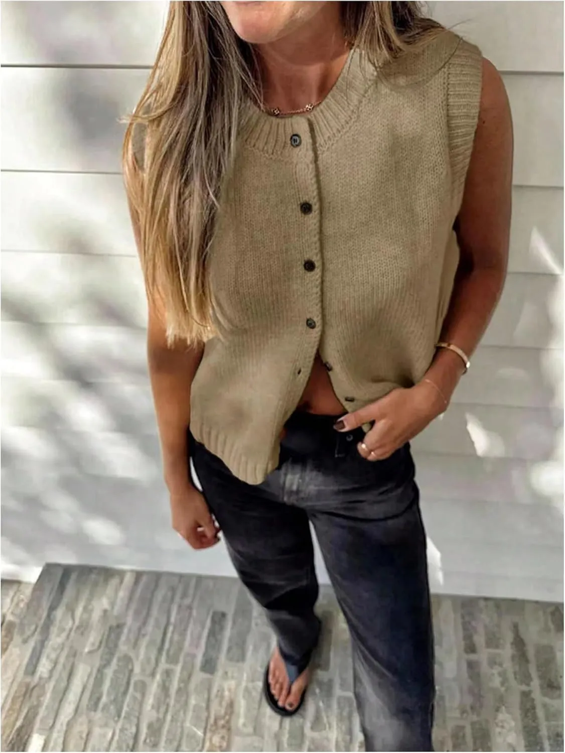 Milumia Women's Round Neck Button Up Sweater Vet Sleeveless Basic Knit Tops