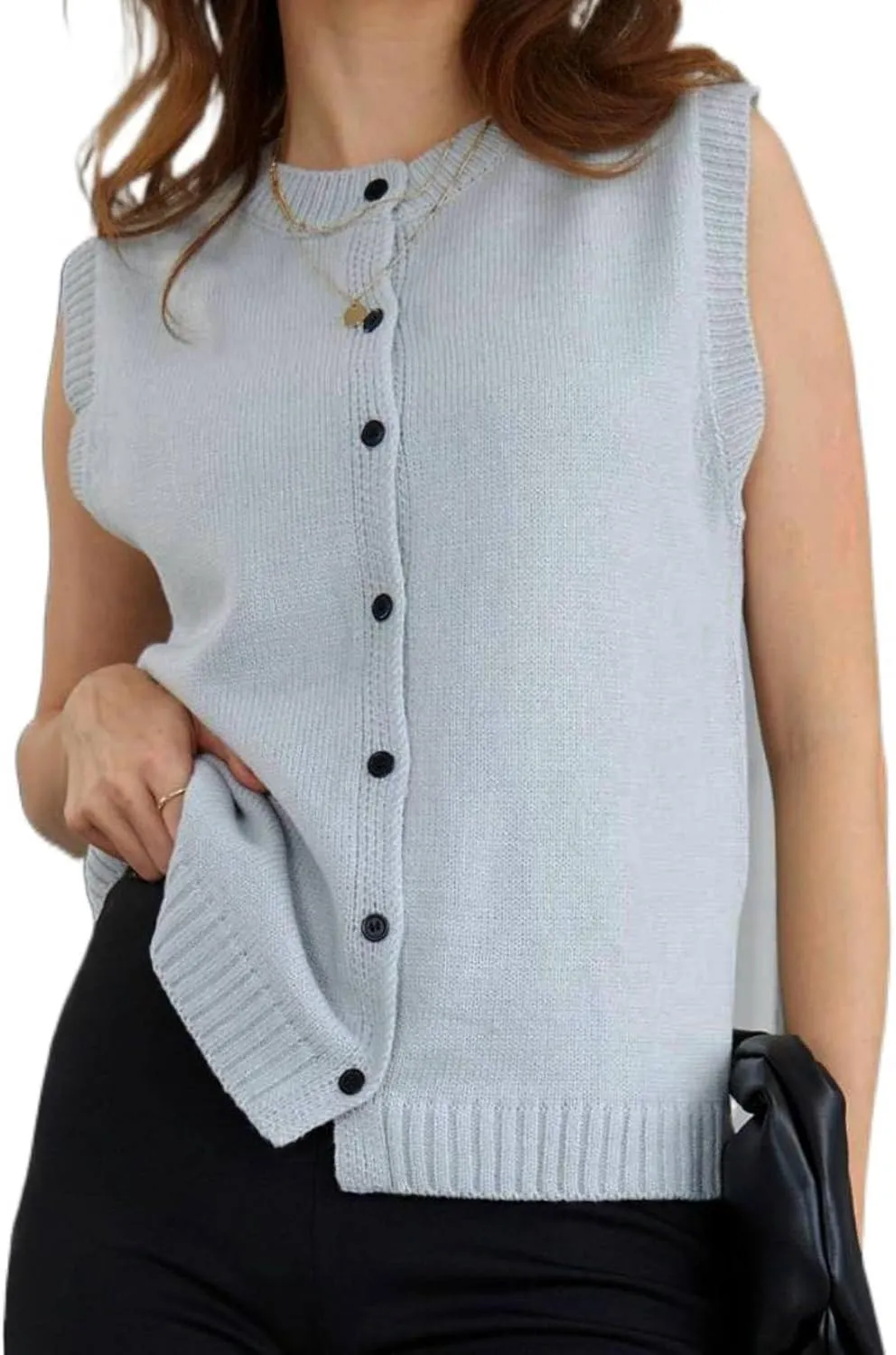 Milumia Women's Round Neck Button Up Sweater Vet Sleeveless Basic Knit Tops