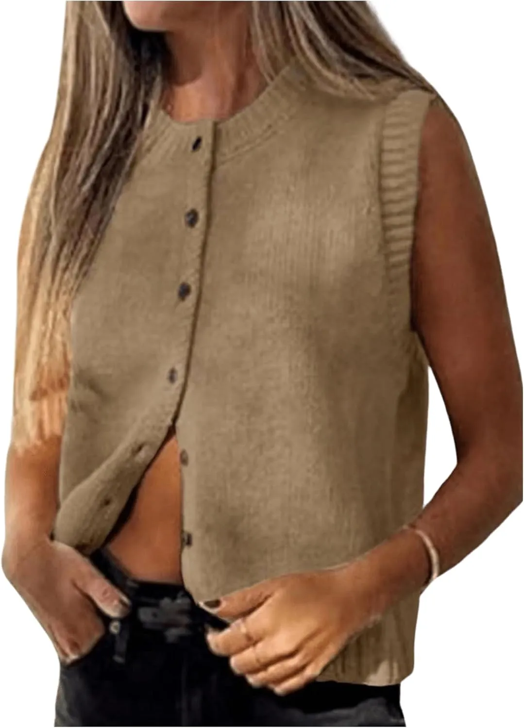 Milumia Women's Round Neck Button Up Sweater Vet Sleeveless Basic Knit Tops