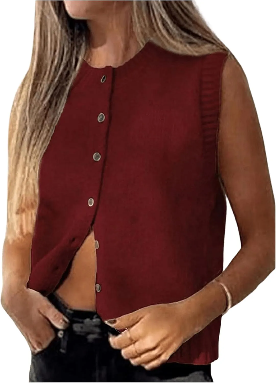 Milumia Women's Round Neck Button Up Sweater Vet Sleeveless Basic Knit Tops