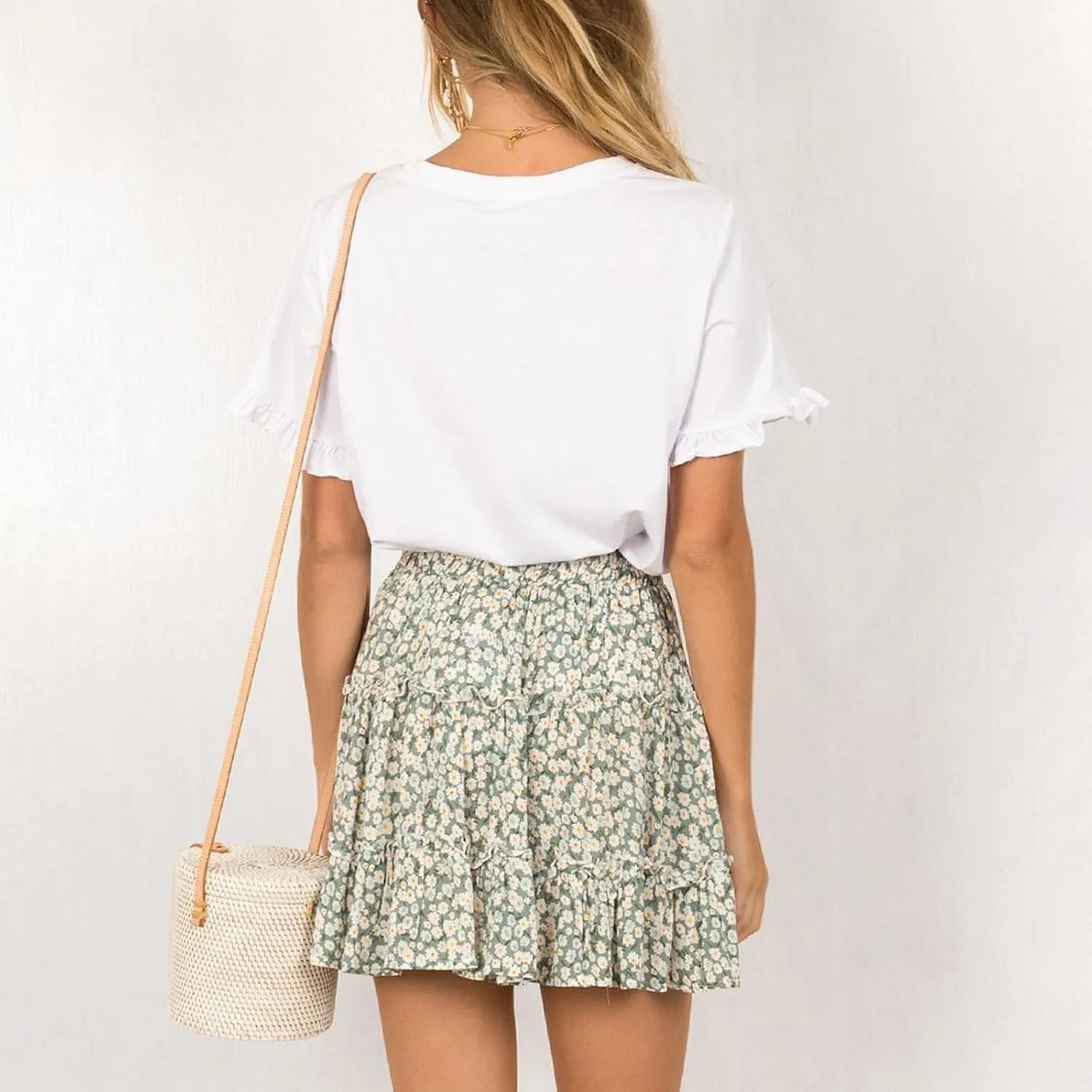 Mini Floral Skirts for Women Boho Elastic High Waisted Tiered Ruffle Skirt Summer 2025 Cute A Line Vacation Short Skirt