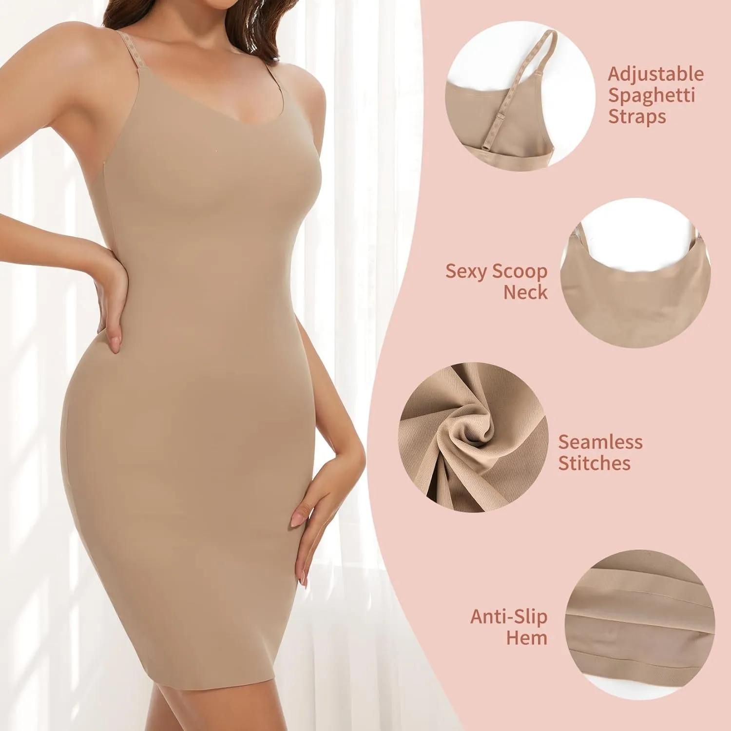 MISS MOLY Shapewear Dress Slip for Women Seamless Full Slip Tummy Control Body Shaper Cami Dress with Adjustable Strap