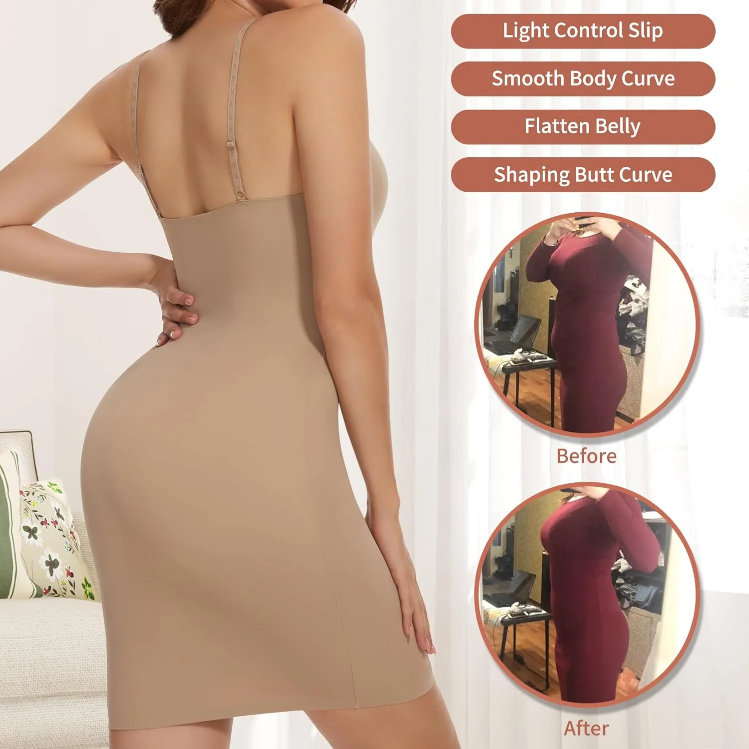 MISS MOLY Shapewear Dress Slip for Women Seamless Full Slip Tummy Control Body Shaper Cami Dress with Adjustable Strap