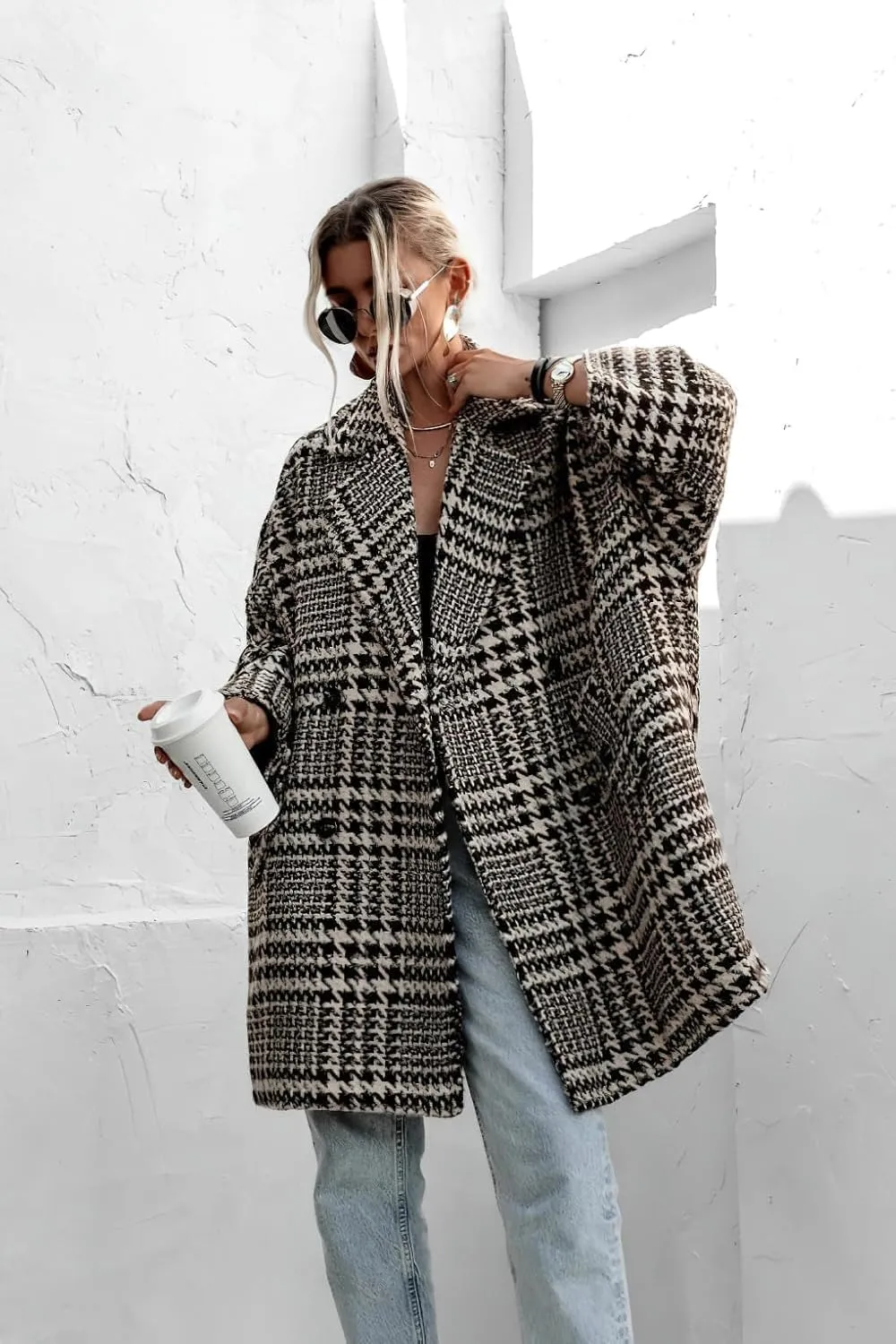 MOLERFO Women Winter Houndstooth Wool Blend Coat Notch Lapel Loose Warm Mid Long Double Breasted Peacoat