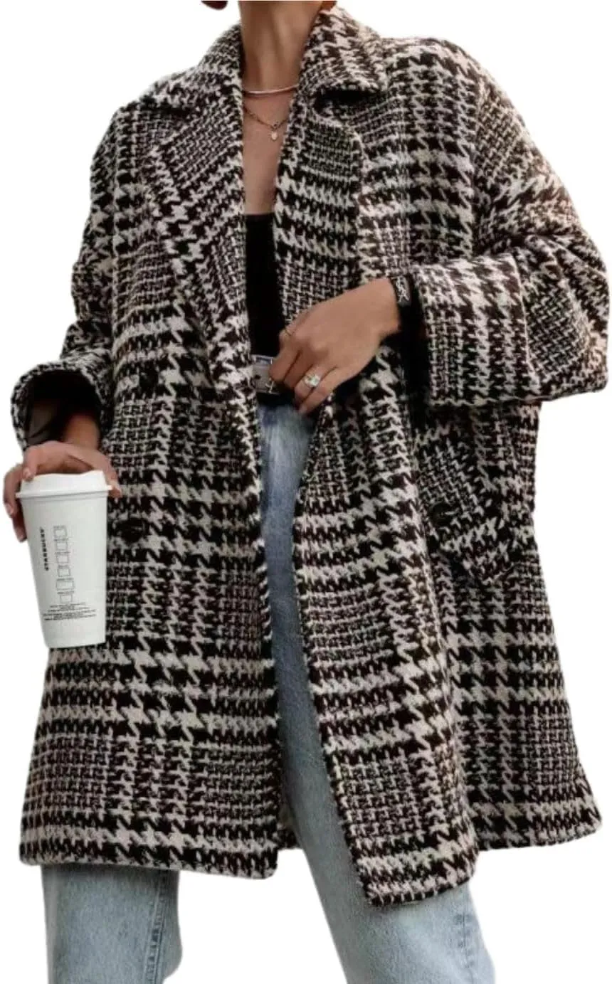 MOLERFO Women Winter Houndstooth Wool Blend Coat Notch Lapel Loose Warm Mid Long Double Breasted Peacoat