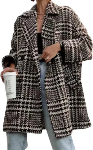 MOLERFO Women Winter Houndstooth Wool Blend Coat Notch Lapel Loose Warm Mid Long Double Breasted Peacoat