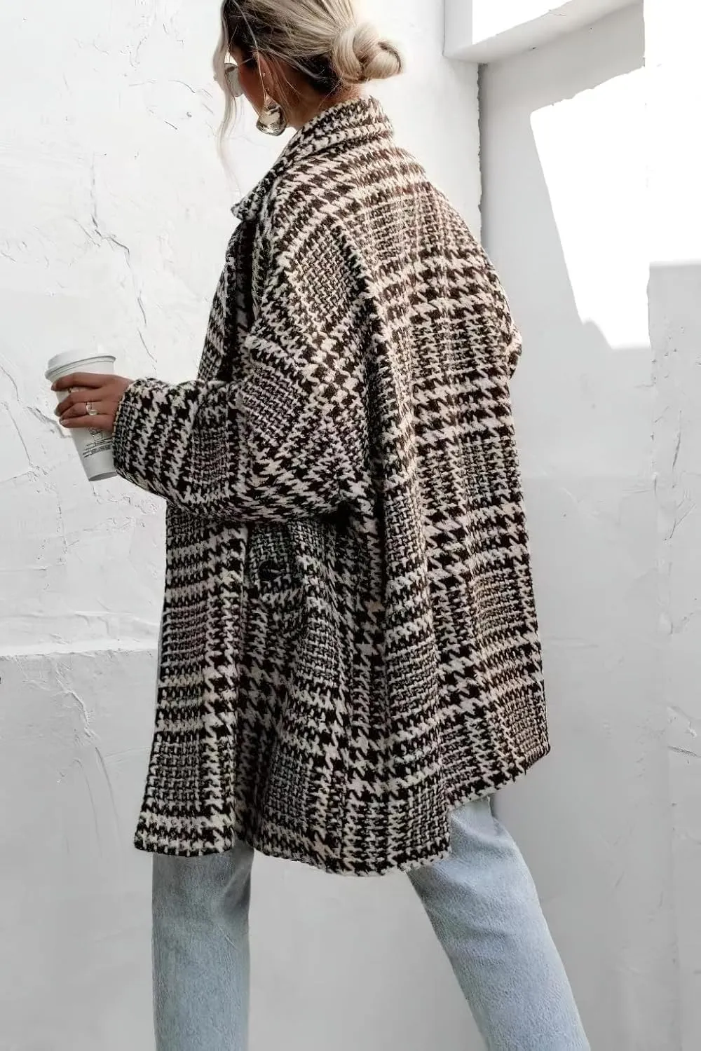 MOLERFO Women Winter Houndstooth Wool Blend Coat Notch Lapel Loose Warm Mid Long Double Breasted Peacoat