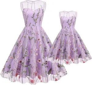 Mommy and Me Matching Floral Dresses Mom and Daughter Mesh Flower Embroidered Dress Women Girls Summer Tulle Embroidery Dress