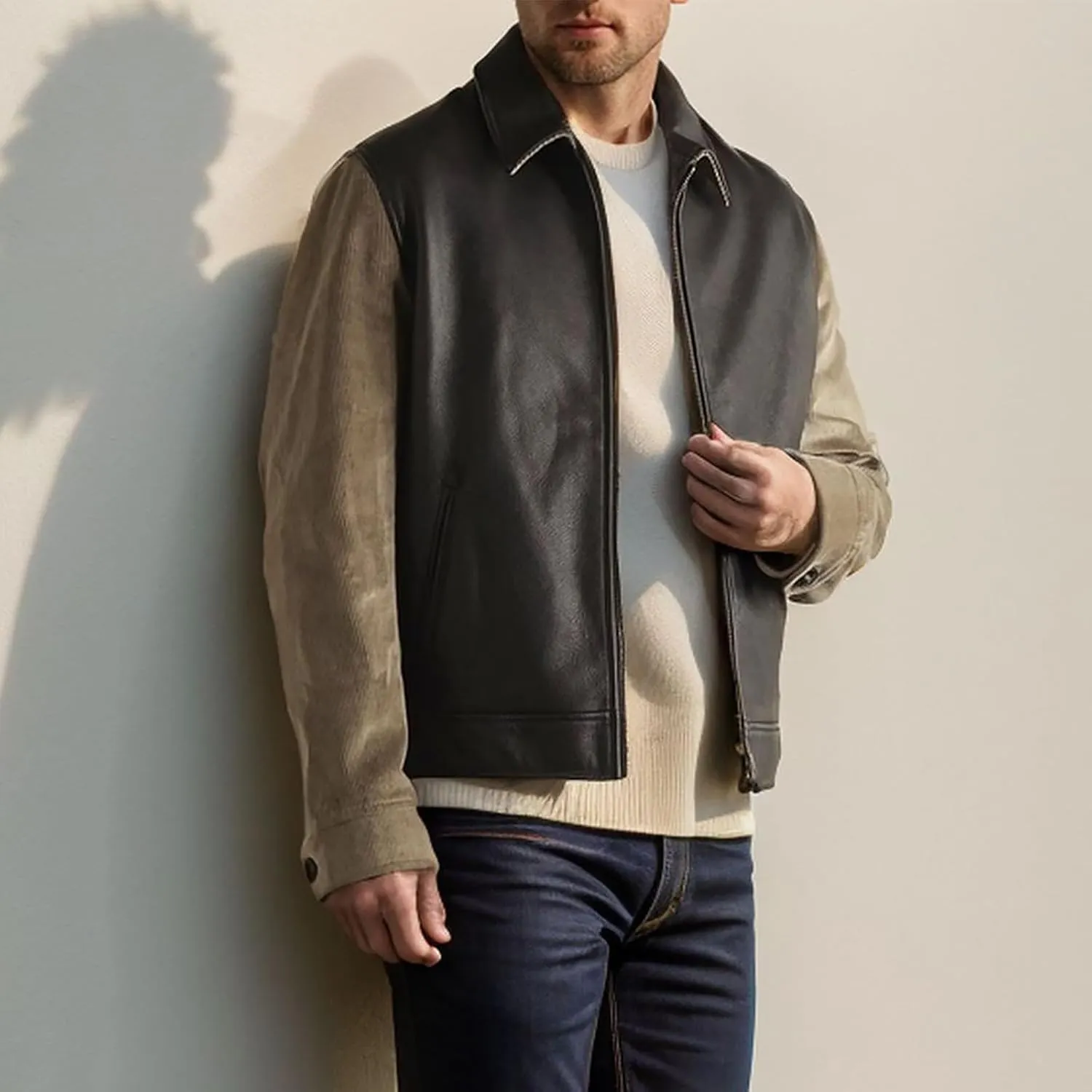 Motorcycle Leather Vest for Men Full Zip Moto Biker Jackets Lapel Collar Vintage Leather Coats with Pockets