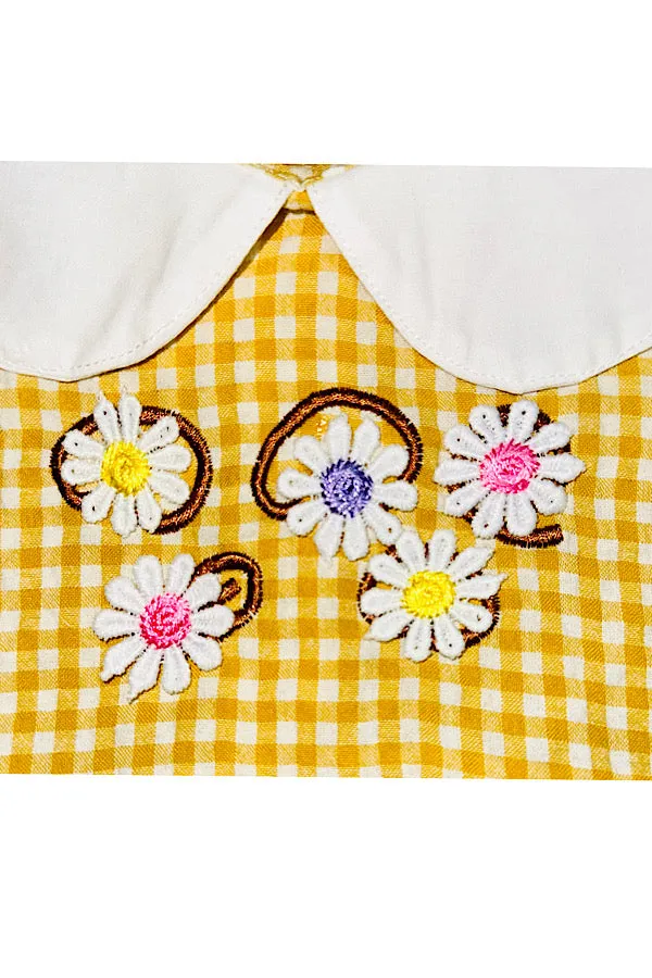Mustard checker print w/embroidered flowers baby romper & hat DLH2351