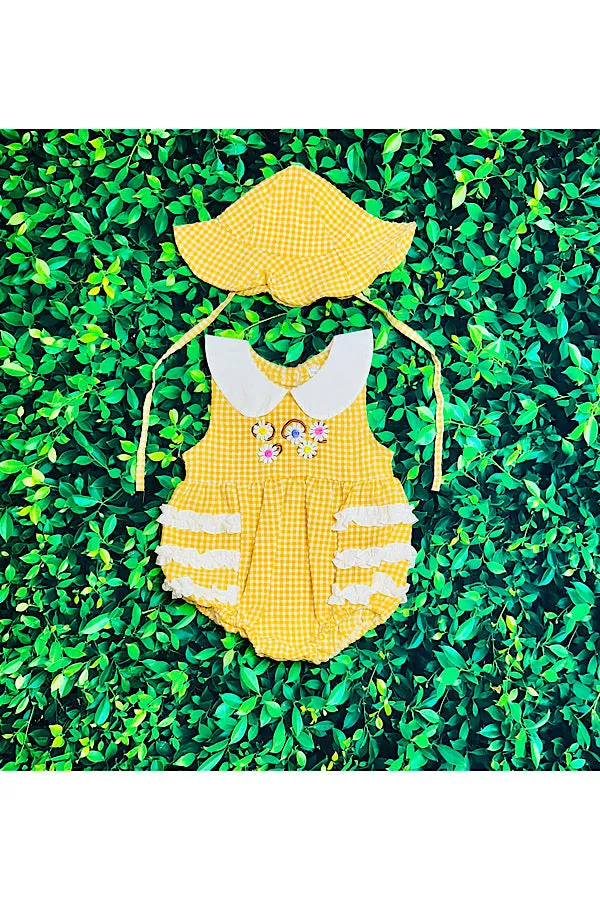 Mustard checker print w/embroidered flowers baby romper & hat DLH2351