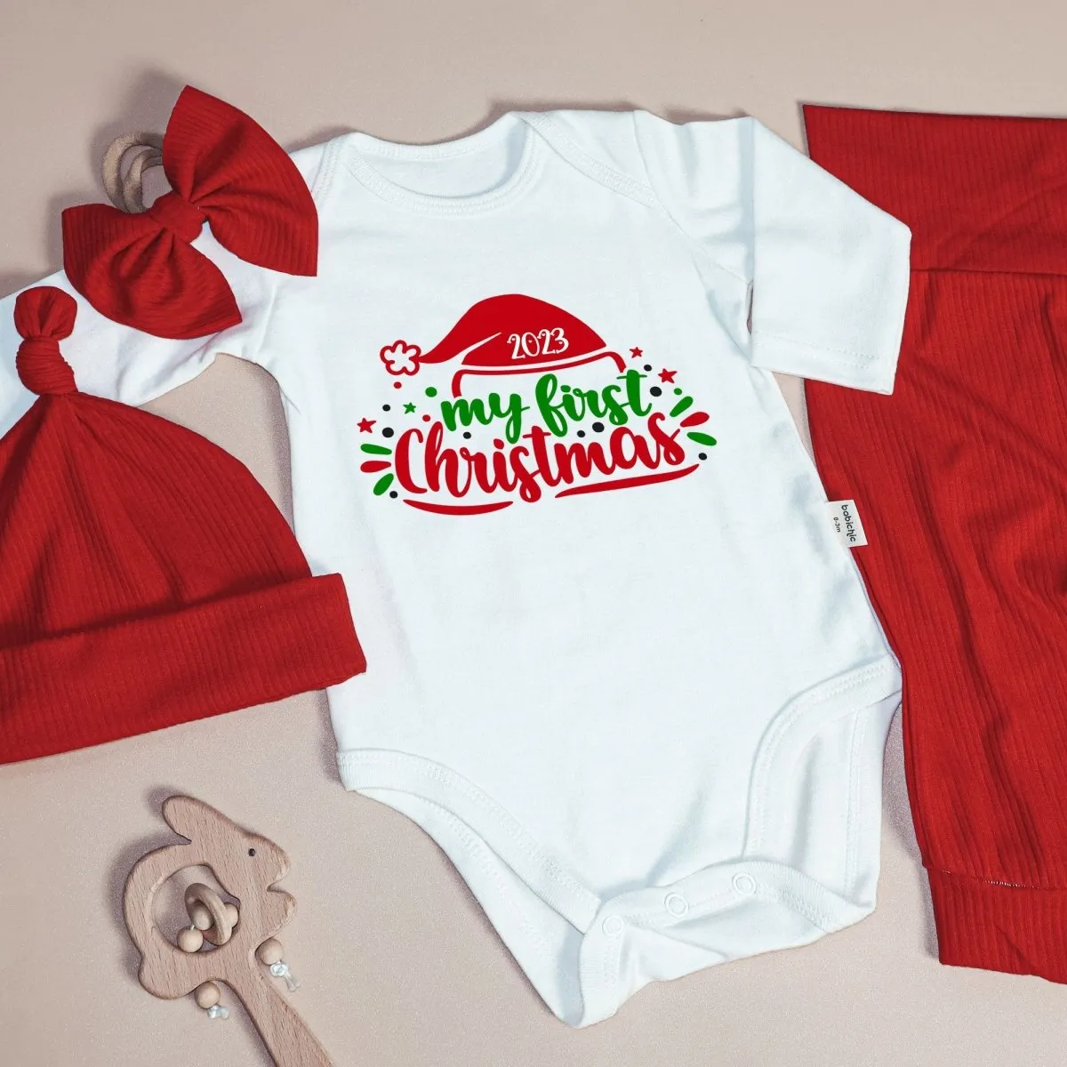 My First Christmas Neutral Baby Onesie and Long Pants Set | Cute Christmas Bodysuit | My First Baby Onesie