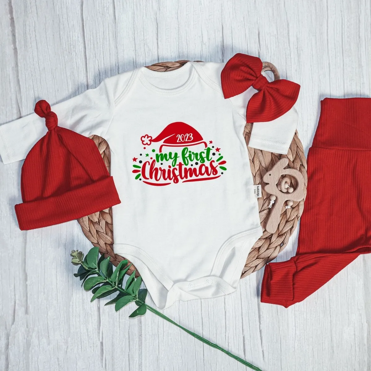 My First Christmas Neutral Baby Onesie and Long Pants Set | Cute Christmas Bodysuit | My First Baby Onesie