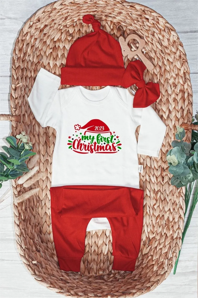My First Christmas Neutral Baby Onesie and Long Pants Set | Cute Christmas Bodysuit | My First Baby Onesie