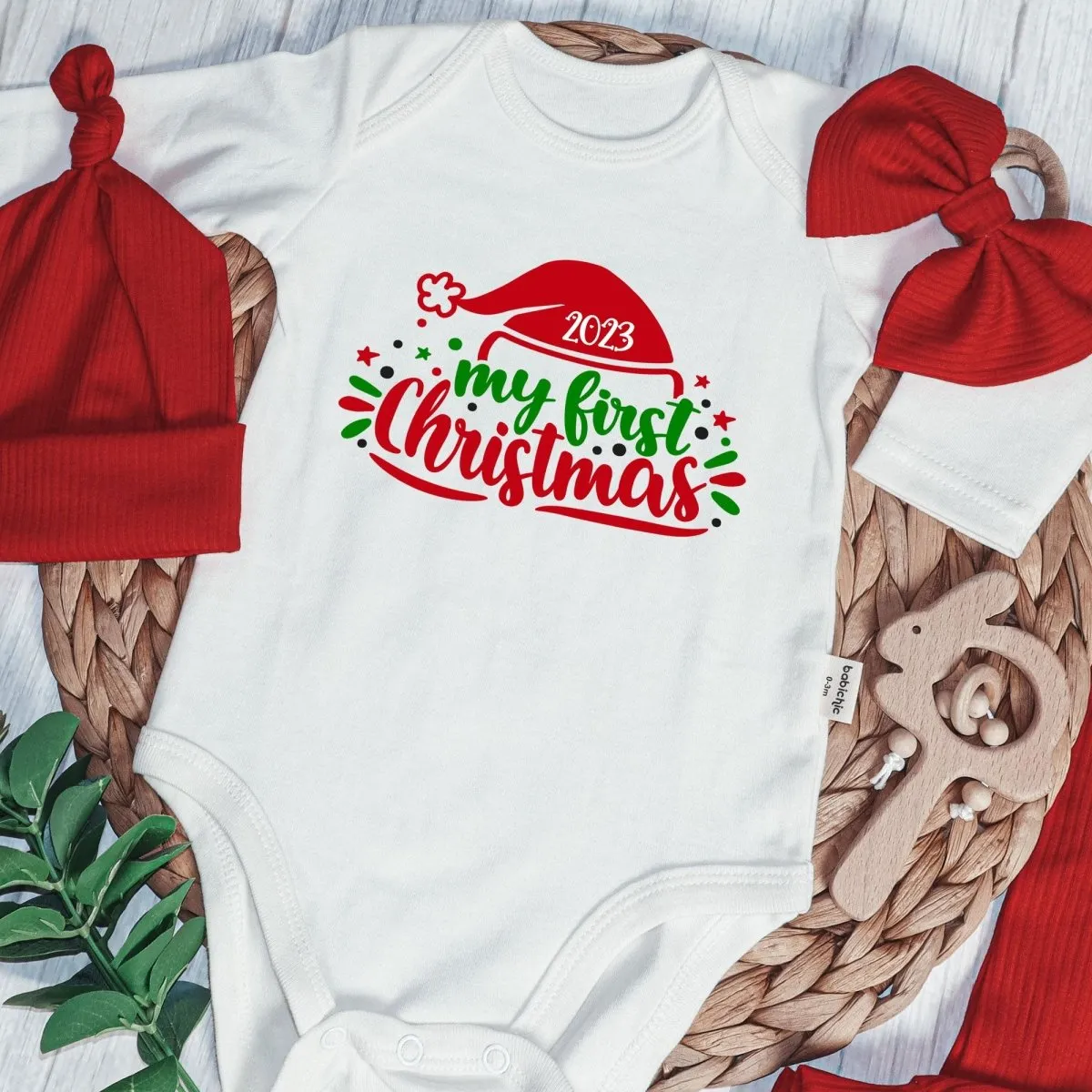 My First Christmas Neutral Baby Onesie and Long Pants Set | Cute Christmas Bodysuit | My First Baby Onesie