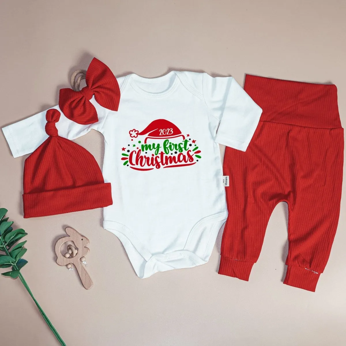 My First Christmas Neutral Baby Onesie and Long Pants Set | Cute Christmas Bodysuit | My First Baby Onesie