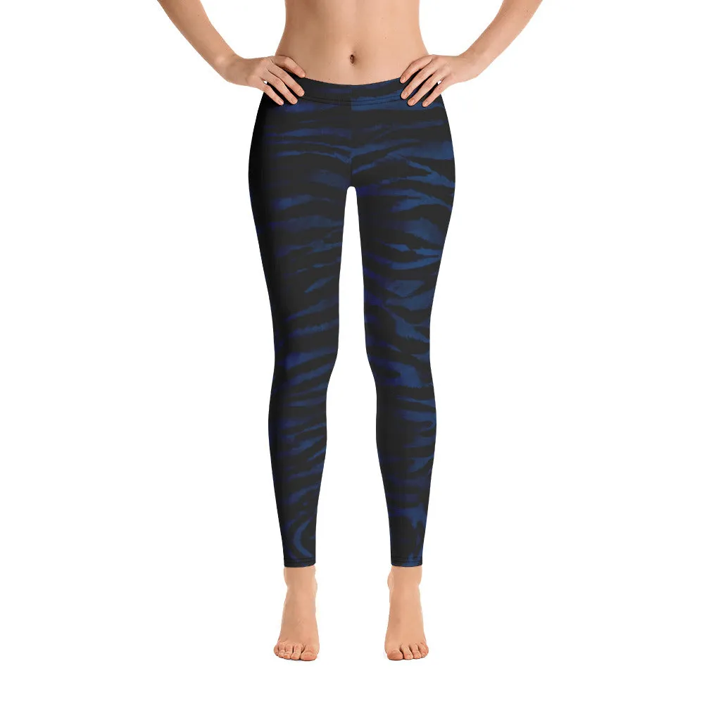 Navy Blue Tiger Striped Leggings, Animal Print Women's Long Tights-Made in USA/EU