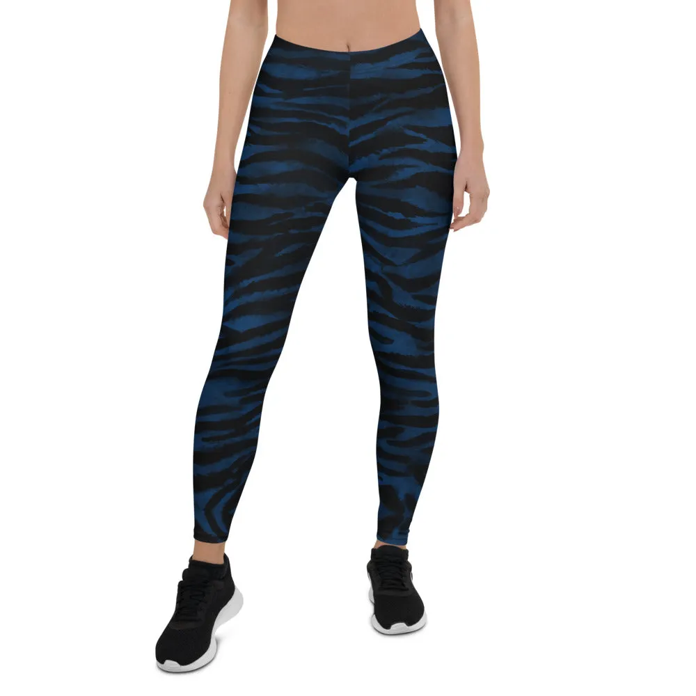 Navy Blue Tiger Striped Leggings, Animal Print Women's Long Tights-Made in USA/EU