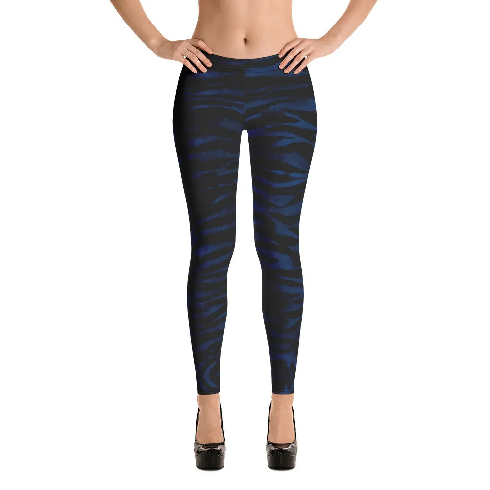 Navy Blue Tiger Striped Leggings, Animal Print Women's Long Tights-Made in USA/EU