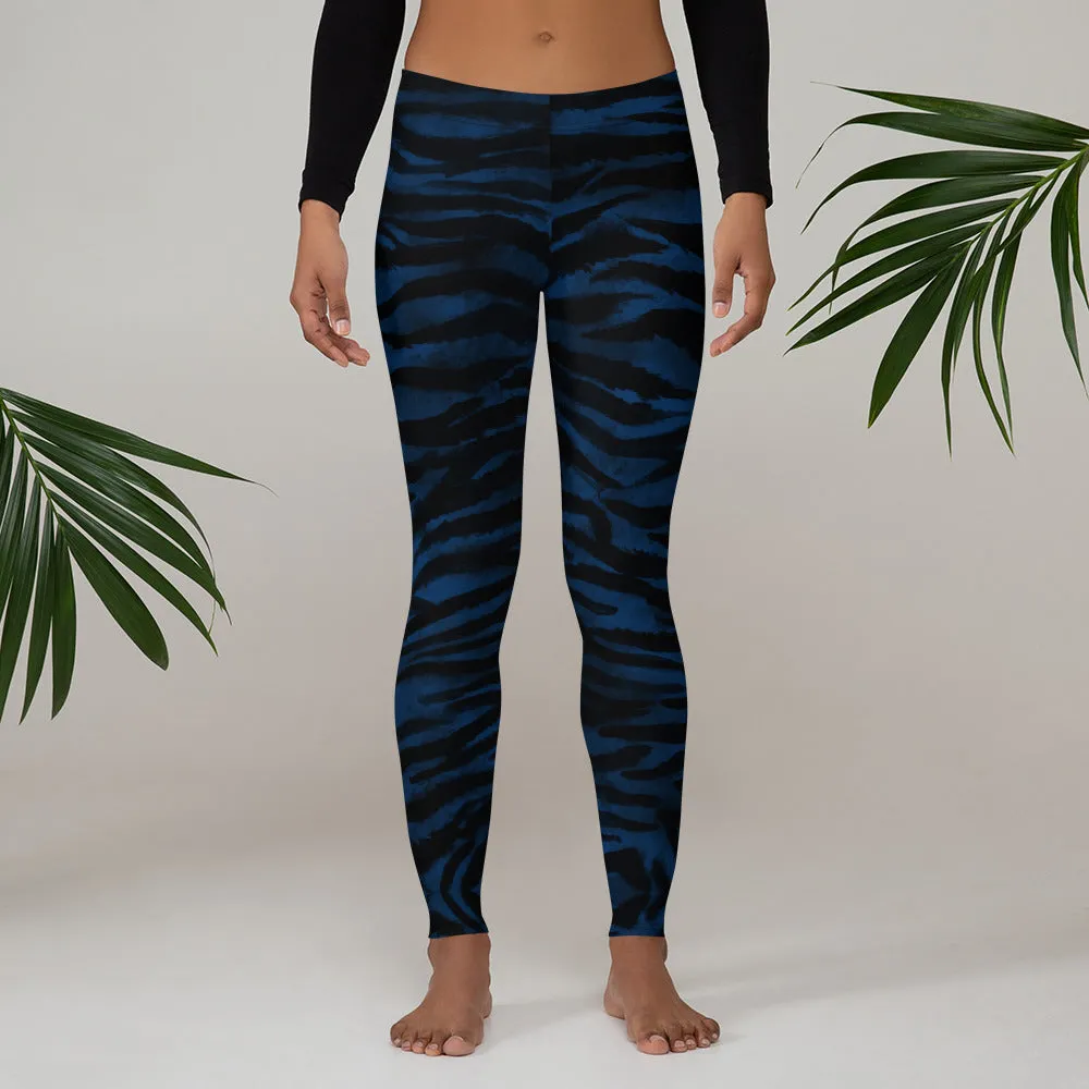Navy Blue Tiger Striped Leggings, Animal Print Women's Long Tights-Made in USA/EU