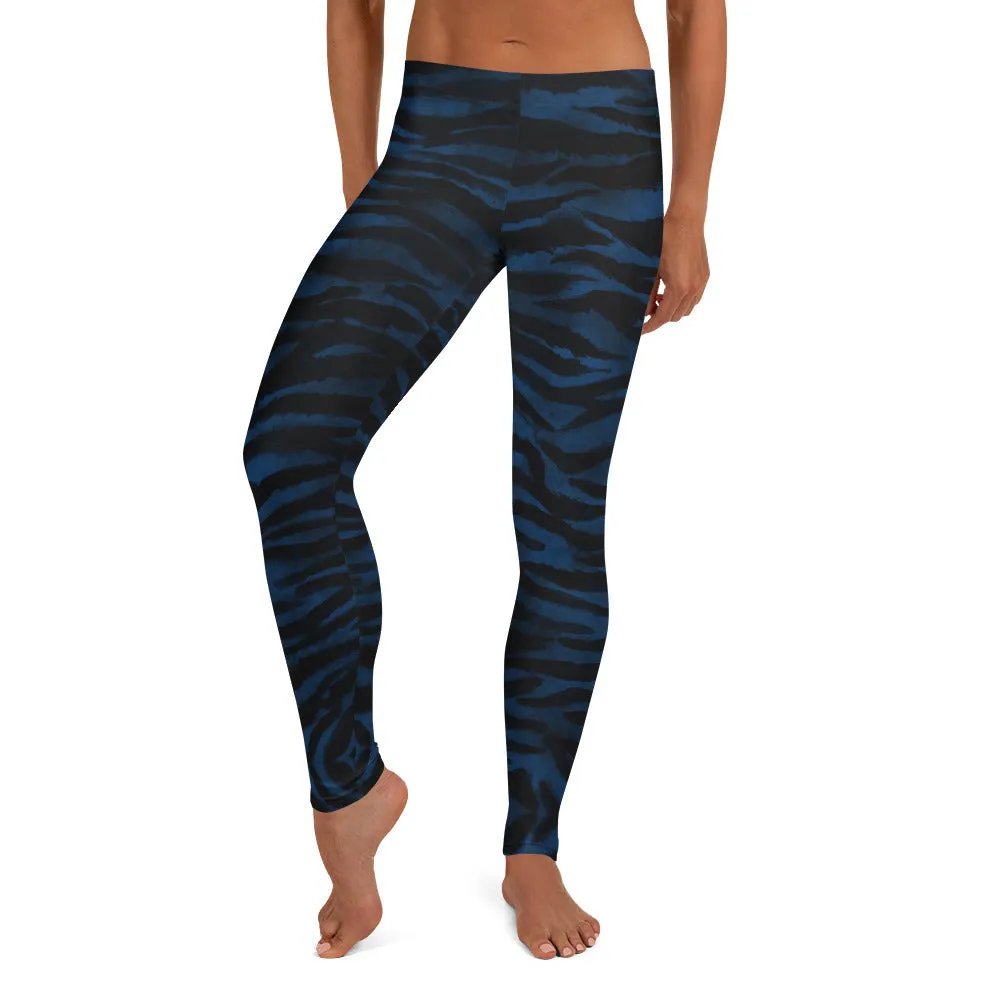 Navy Blue Tiger Striped Leggings, Animal Print Women's Long Tights-Made in USA/EU