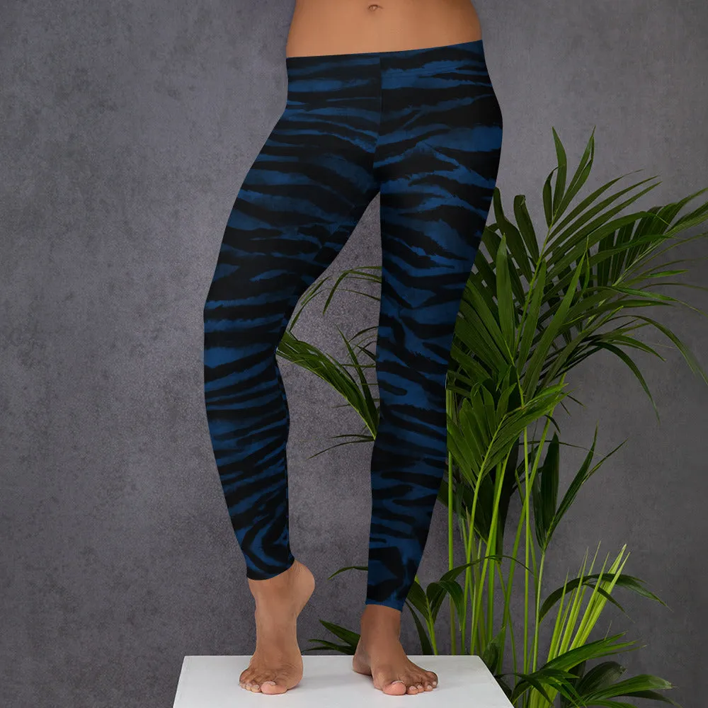 Navy Blue Tiger Striped Leggings, Animal Print Women's Long Tights-Made in USA/EU