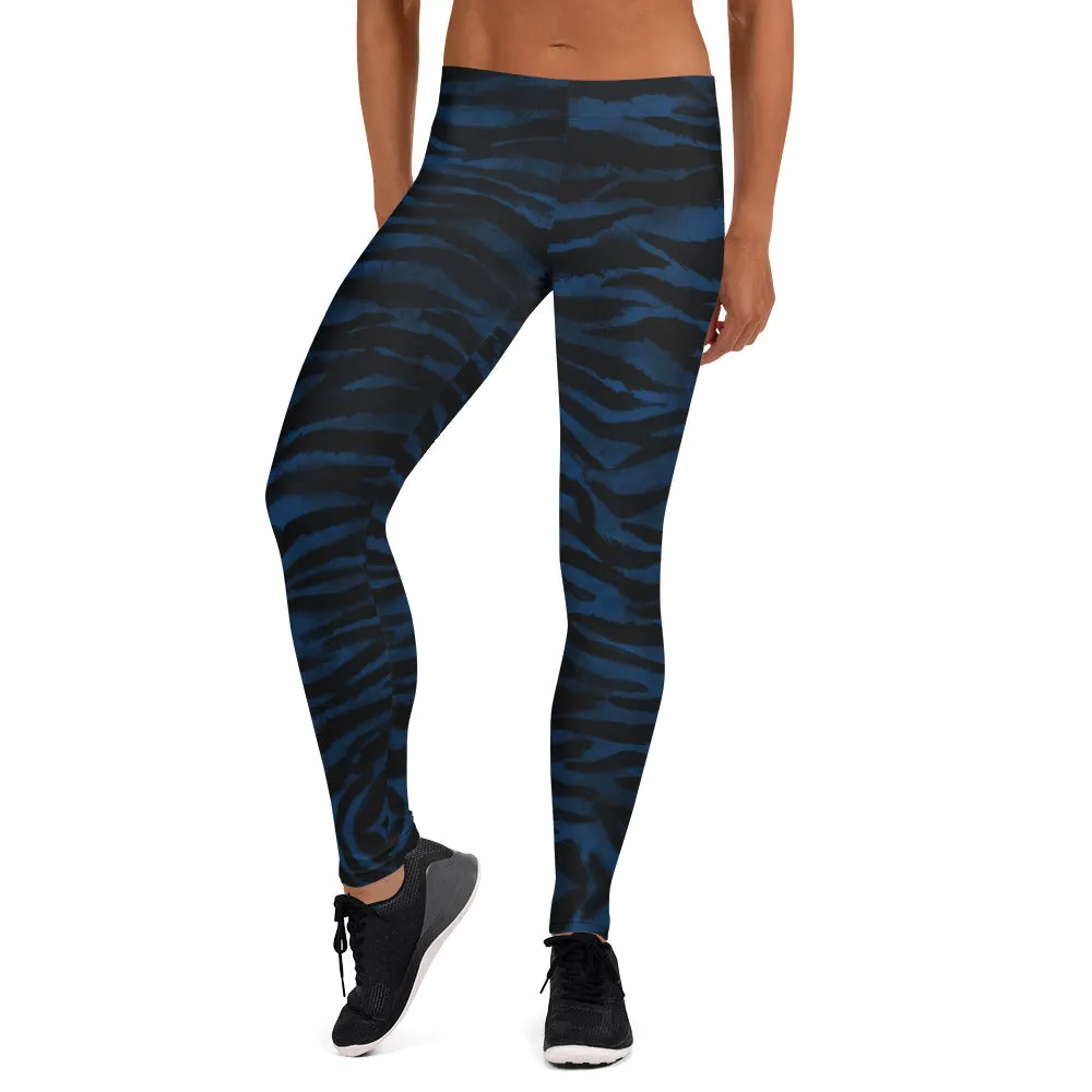 Navy Blue Tiger Striped Leggings, Animal Print Women's Long Tights-Made in USA/EU