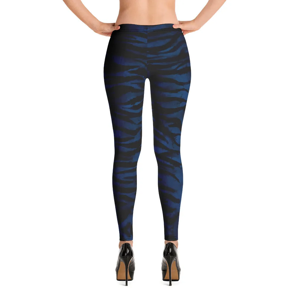 Navy Blue Tiger Striped Leggings, Animal Print Women's Long Tights-Made in USA/EU