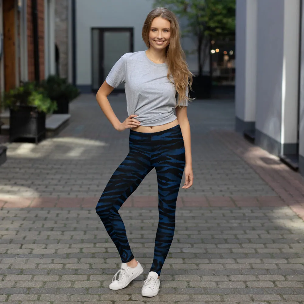 Navy Blue Tiger Striped Leggings, Animal Print Women's Long Tights-Made in USA/EU