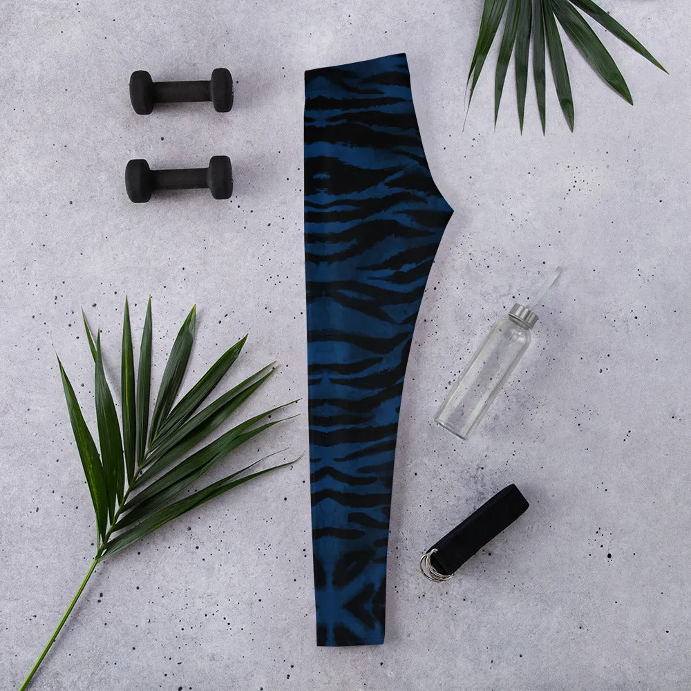 Navy Blue Tiger Striped Leggings, Animal Print Women's Long Tights-Made in USA/EU