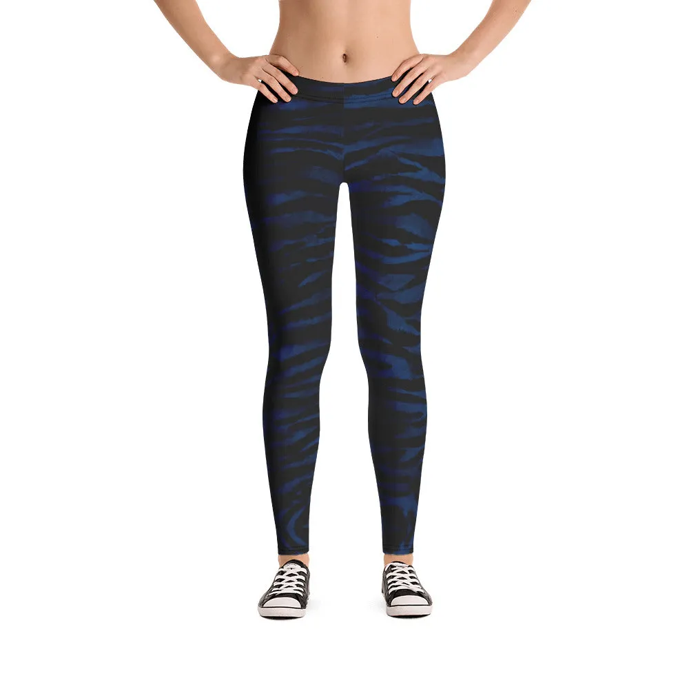 Navy Blue Tiger Striped Leggings, Animal Print Women's Long Tights-Made in USA/EU