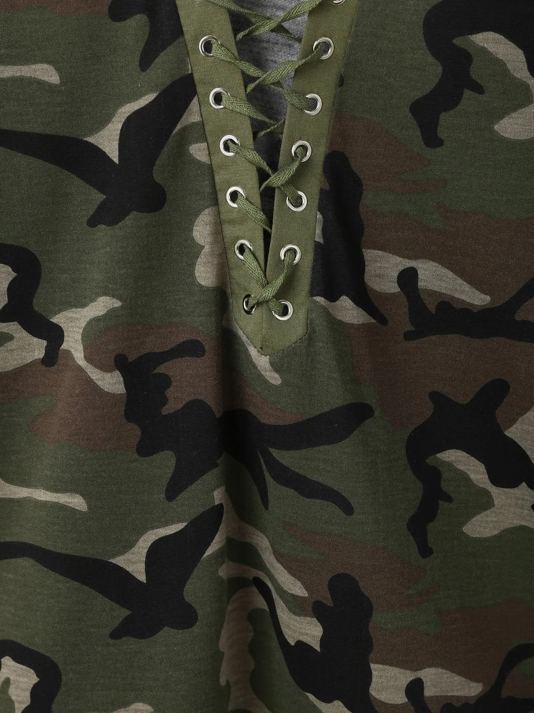 OEM ODM V-Neck Camouflage Lace-Up Cut Out Long Sleeve Green Top