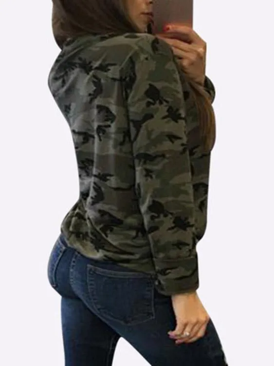 OEM ODM V-Neck Camouflage Lace-Up Cut Out Long Sleeve Green Top