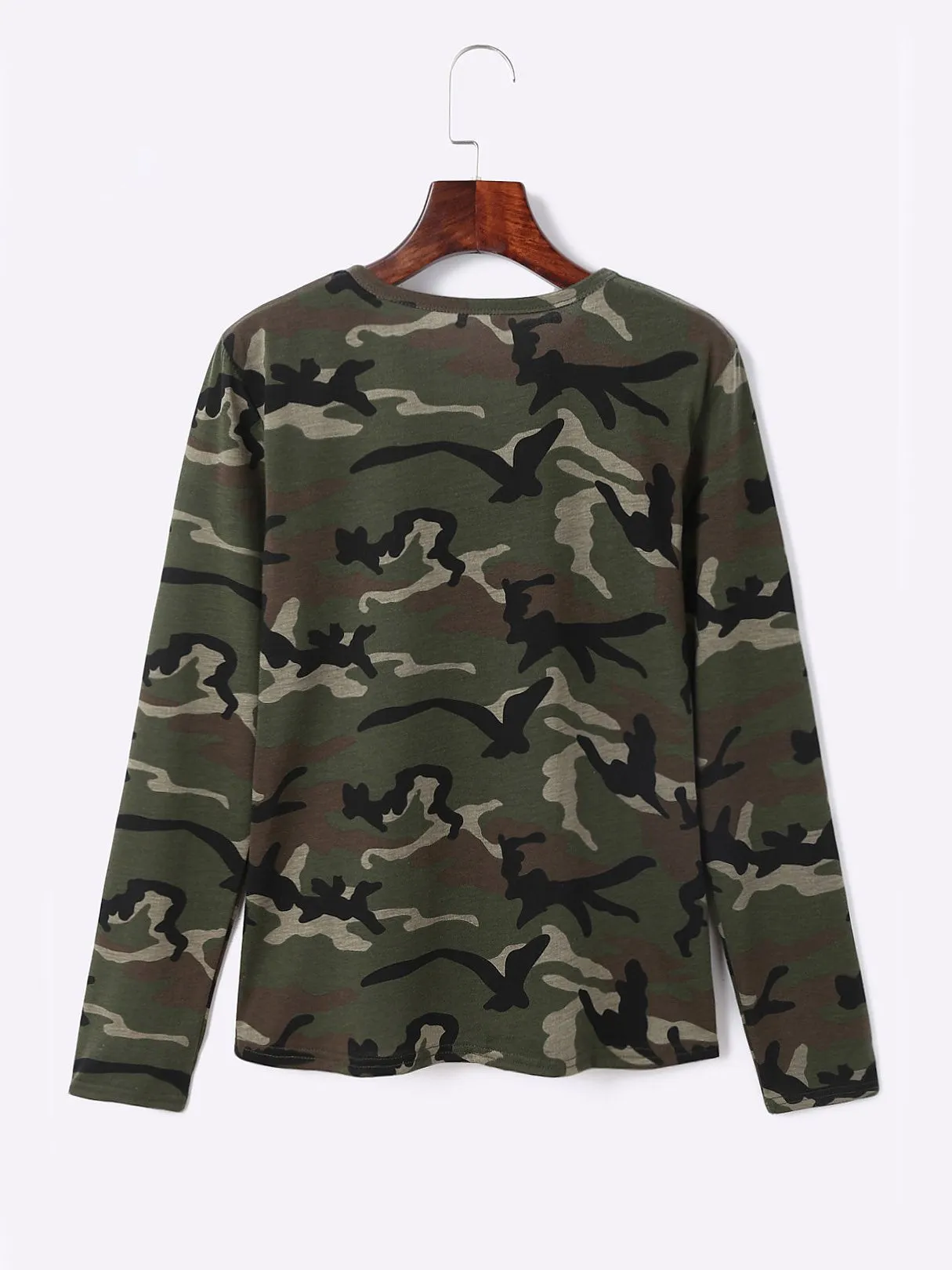 OEM ODM V-Neck Camouflage Lace-Up Cut Out Long Sleeve Green Top