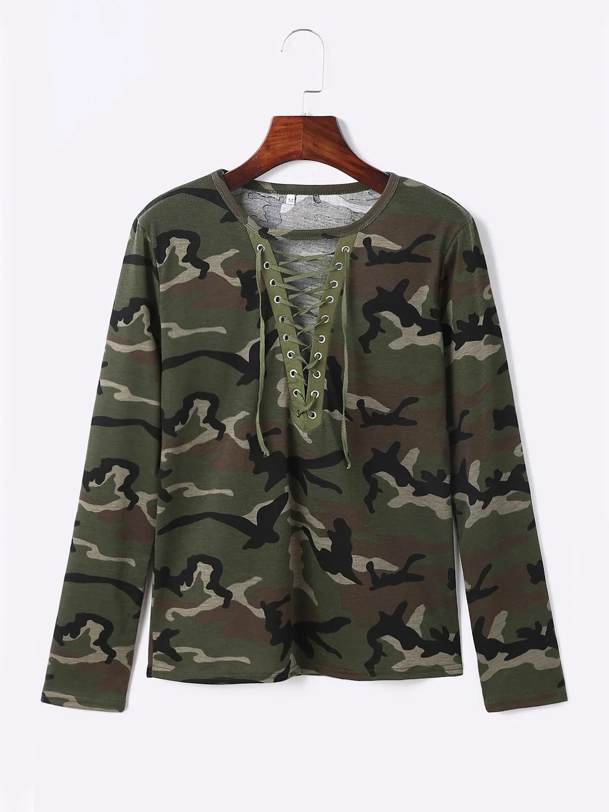 OEM ODM V-Neck Camouflage Lace-Up Cut Out Long Sleeve Green Top