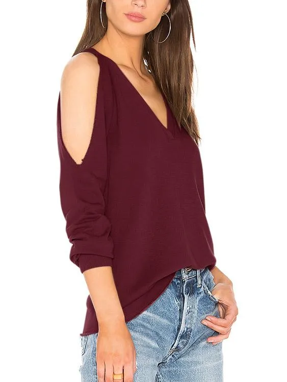 OEM ODM V-Neck Cold Shoulder Cut Out Long Sleeve Burgundy T-Shirts