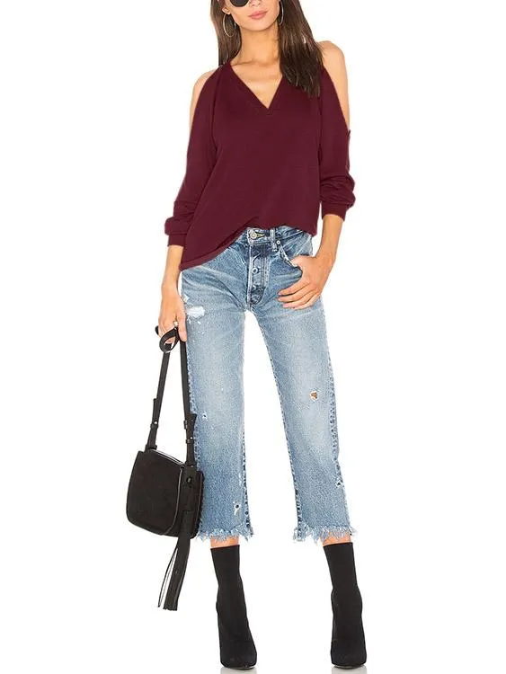 OEM ODM V-Neck Cold Shoulder Cut Out Long Sleeve Burgundy T-Shirts