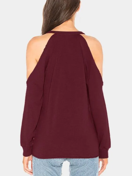 OEM ODM V-Neck Cold Shoulder Cut Out Long Sleeve Burgundy T-Shirts