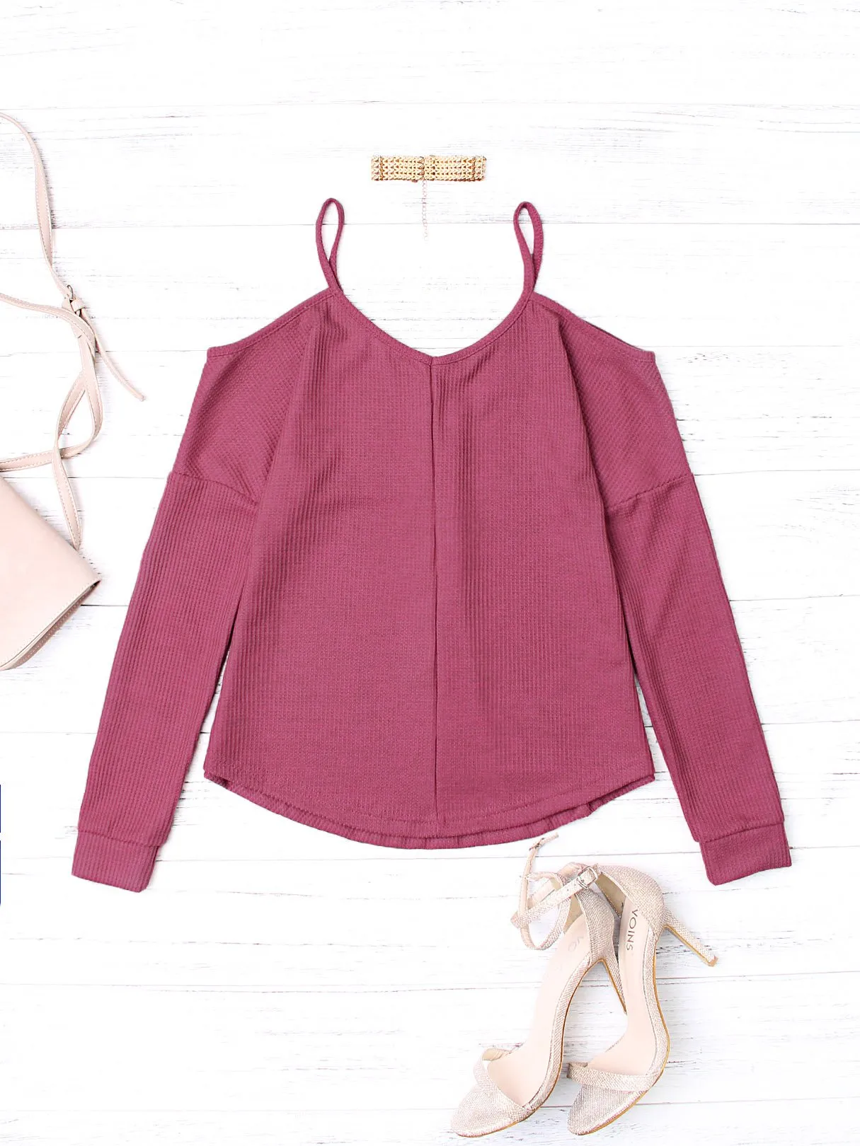 OEM ODM V-Neck Cold Shoulder Long Sleeve Red Top