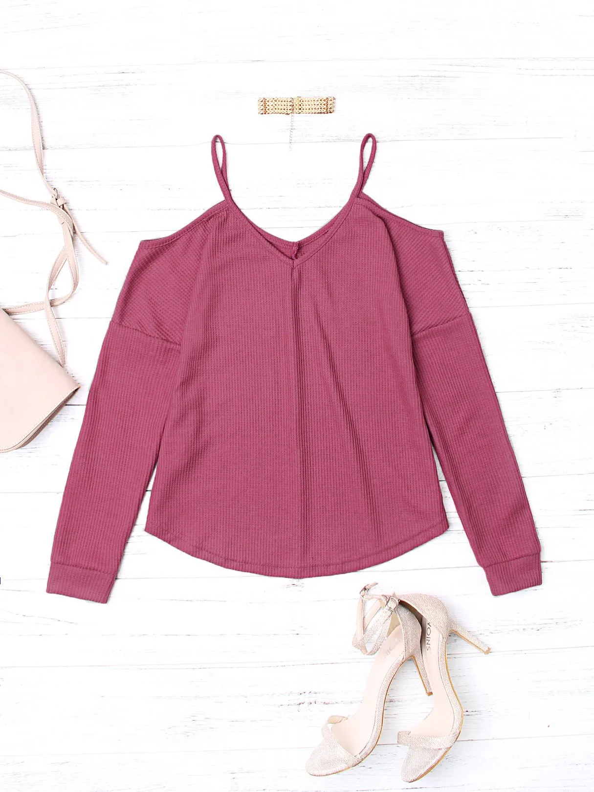 OEM ODM V-Neck Cold Shoulder Long Sleeve Red Top