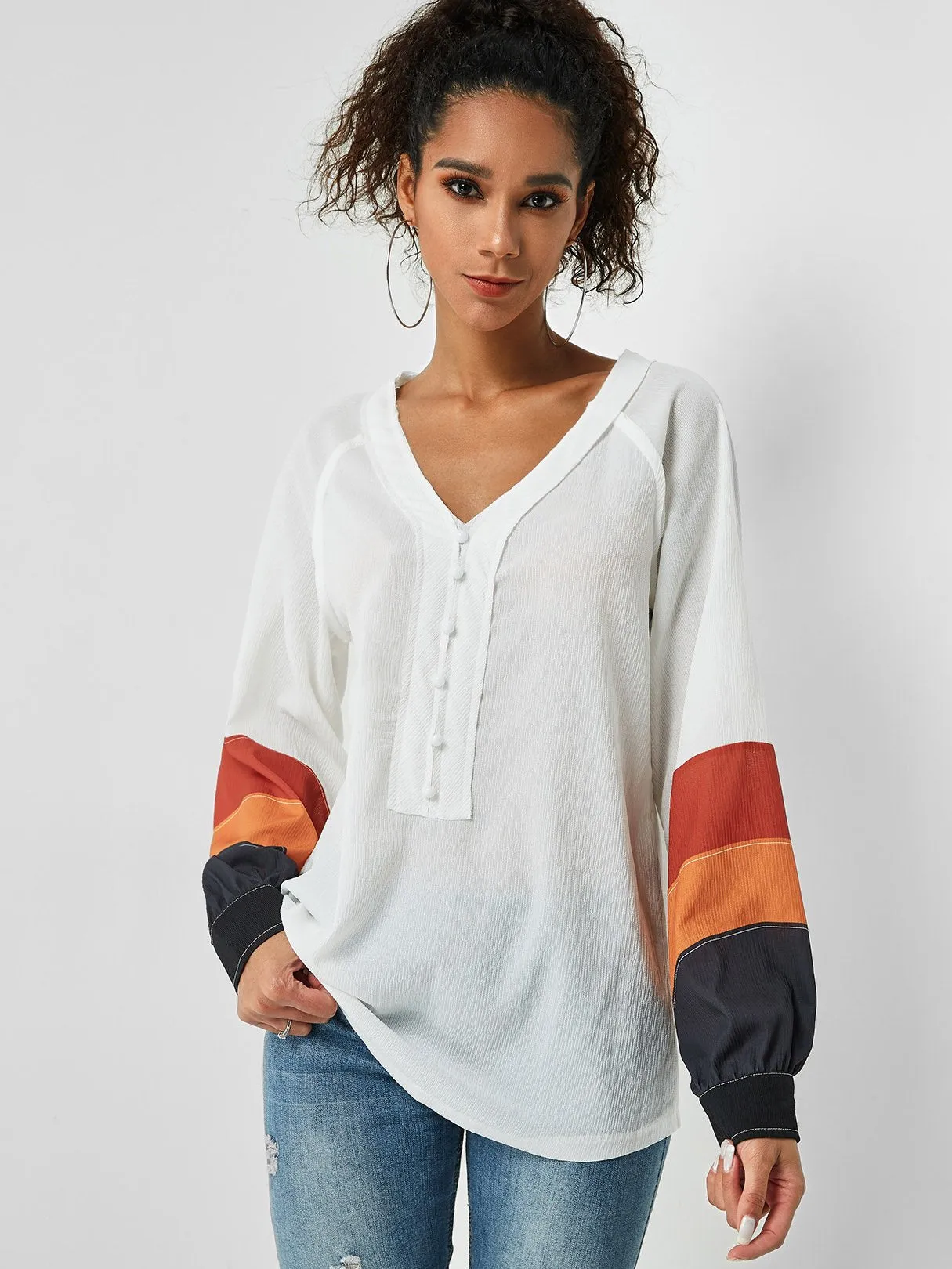 OEM ODM V-Neck Long Sleeve White Top