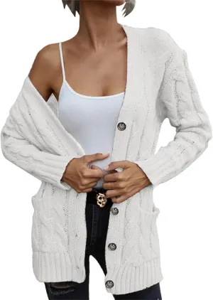 Open Front Cardigan Sweaters for Women Fall Long Sleeve Button Down Cable Knit Chunky Sweater Outwear Coats