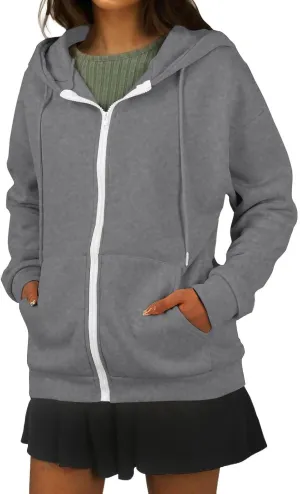 Oversized Hoodies for Women Zip Up Lightweight Long Sleeve Jackets Drawstring Y2K Sweatshirt Kangaroo Pocket