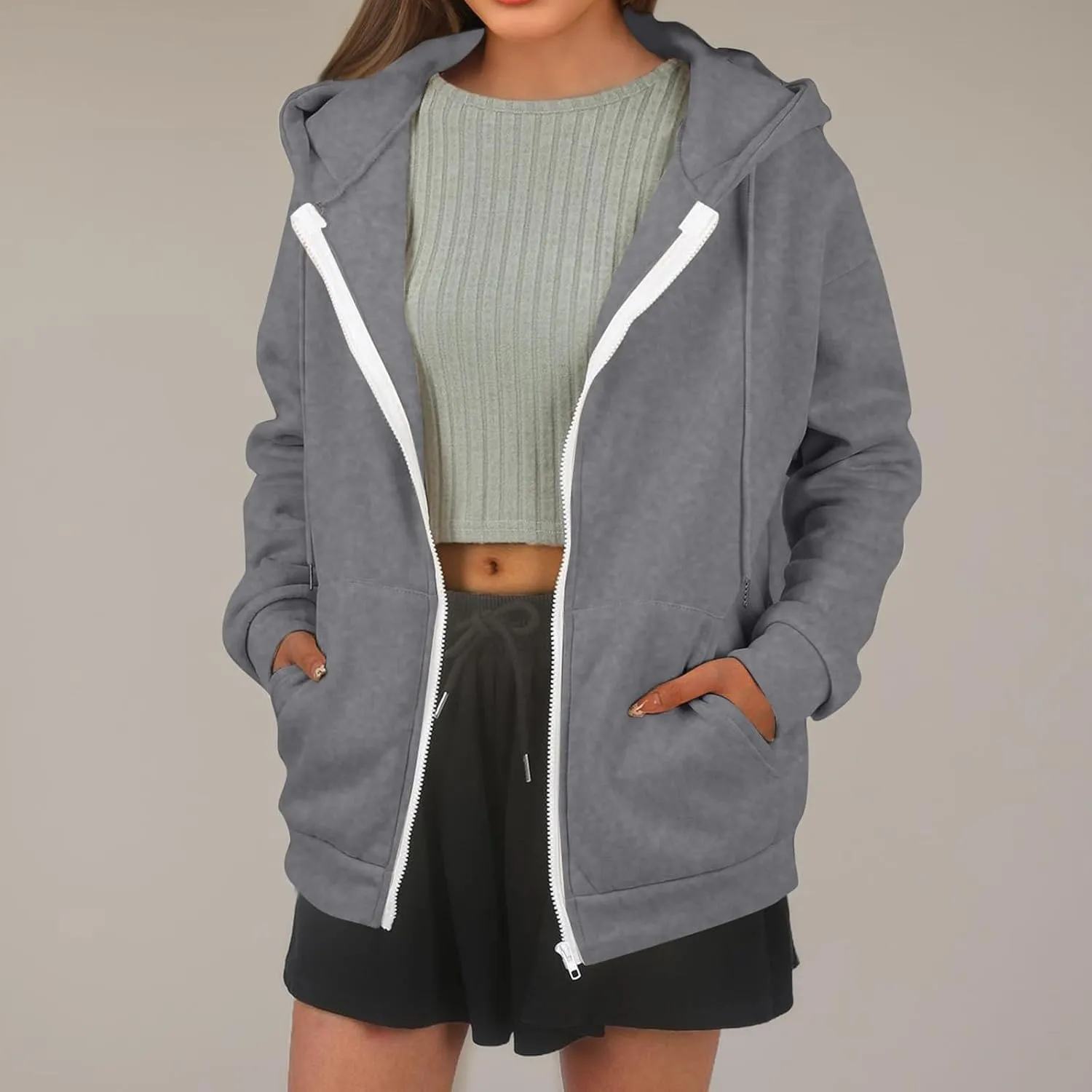 Oversized Hoodies for Women Zip Up Lightweight Long Sleeve Jackets Drawstring Y2K Sweatshirt Kangaroo Pocket