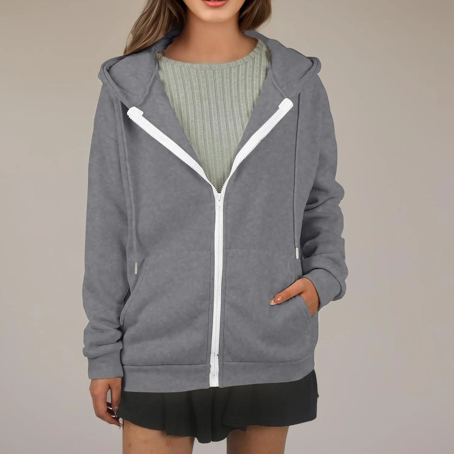 Oversized Hoodies for Women Zip Up Lightweight Long Sleeve Jackets Drawstring Y2K Sweatshirt Kangaroo Pocket