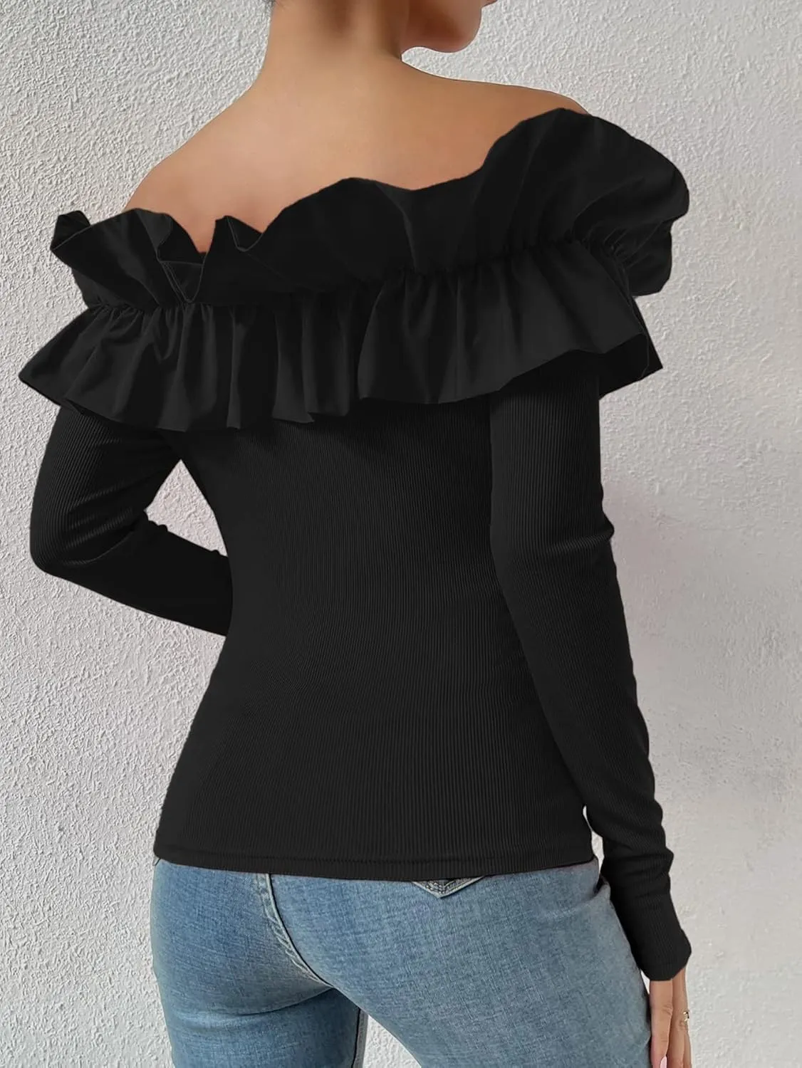 OYOANGLE Women's Long Sleeve Rib Knit Ruffle Off Shoulder Blouse Party Tops Shirt