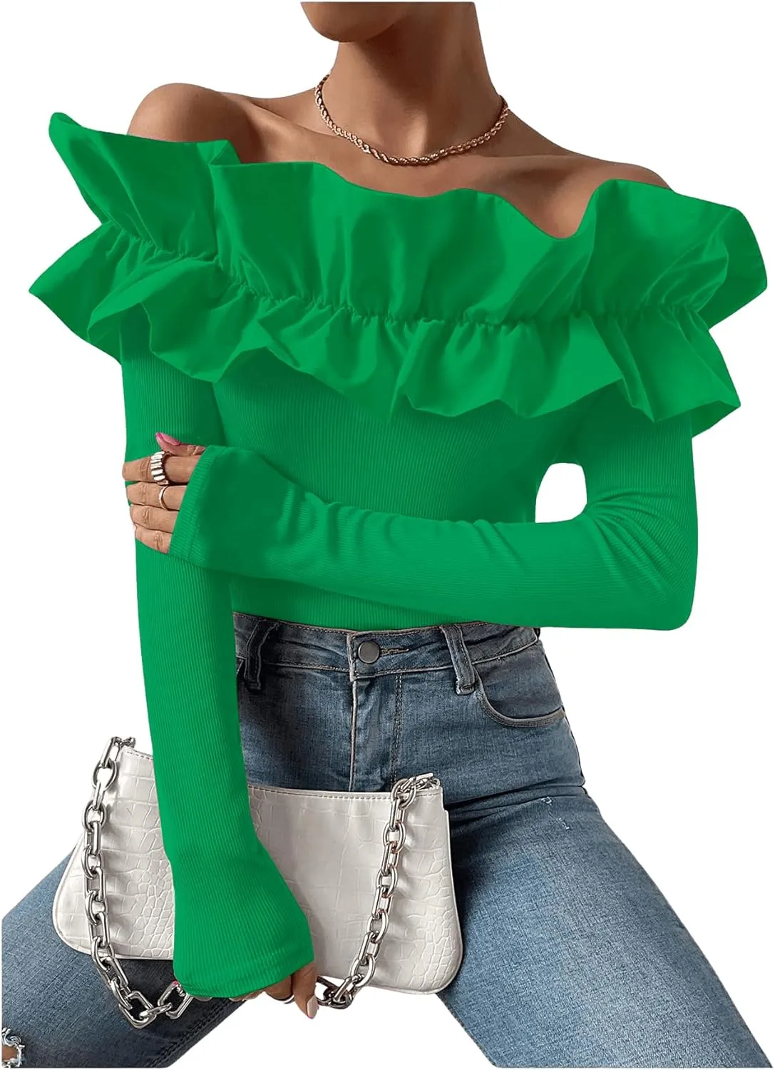 OYOANGLE Women's Long Sleeve Rib Knit Ruffle Off Shoulder Blouse Party Tops Shirt