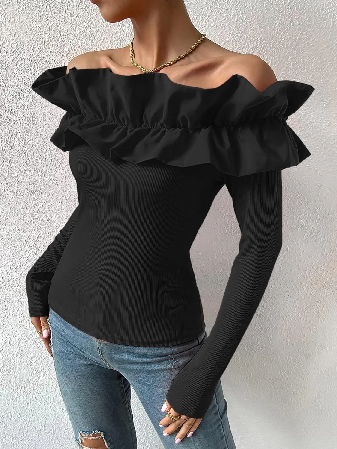 OYOANGLE Women's Long Sleeve Rib Knit Ruffle Off Shoulder Blouse Party Tops Shirt