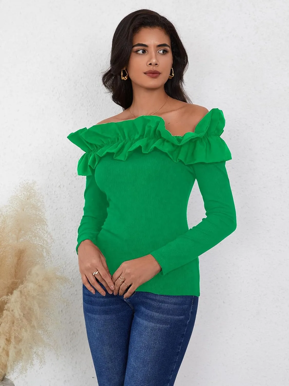 OYOANGLE Women's Long Sleeve Rib Knit Ruffle Off Shoulder Blouse Party Tops Shirt